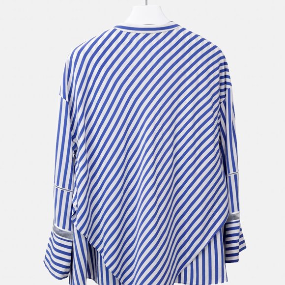 Derek Lam 10 Crosby White and Blue Striped Silk Lace-Inset Layered Blouse - Picture 3 of 11